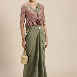 Ethnovog Green Solid Saree With Ethnic Jacket-image-45
