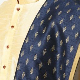 DEYANN Men Cream Coloured & Blue Solid Dupion Silk Kurta with Dhoti Pants & Dupatta image 4
