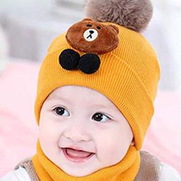SYGA Kids Yellow Knitted Cotton Wool Pom Pom Beanie-image-10