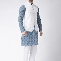 Hangup Men Blue & White Printed Kurta with Pyjamas & Nehru Jacket image 2