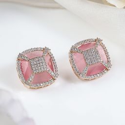 Rubans 18K Gold-Plated Pink & White Cubic Zirconia Studded Geometric Stud Earrings image 3