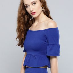 Veni Vidi Vici Women Blue Solid Crop Bardot Top image 3
