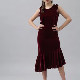 VAARARO Burgundy Ruffled Velvet Sheath Midi Dress-picture-24