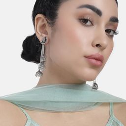 LAIDA Silver-Plated Oxidised Classic Jhumkas Earrings-12