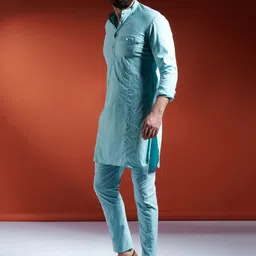 MR BUTTON Men Blue Pure Cotton Kurta with Trouser image 5