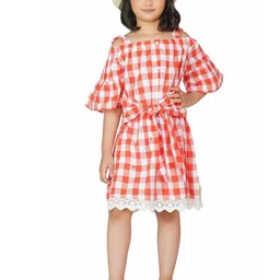 Dress My Angel Girls Orange Checked Cotton Dresses-image-31