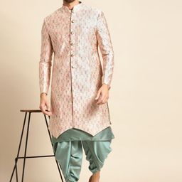 KISAH Men Cream & Mint Green Kurta Sherwani Set-picture-30