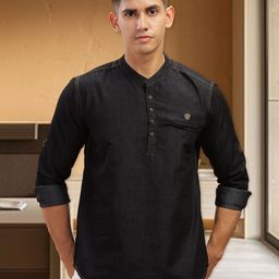 Kuons Avenue Band Collar Roll-Up Sleeves Denim Kurta-picture-56