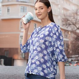 Global Desi Blue Floral Printed Three Quarter Sleeves Top-image-22