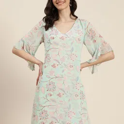Qurvii Floral Print Flared Sleeves Georgette A-Line Dress-image-43