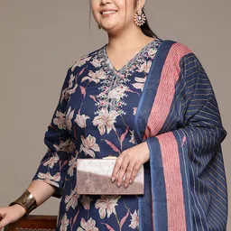 Readiprint Fashions Plus Size Floral Printed Thread Work Pure Cotton Kurta Set-picture-12