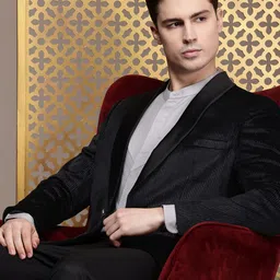 House of Pataudi Red Carpet Line Striped Shawl Collar Single-Breasted Velvet Finish Blazer-picture-57