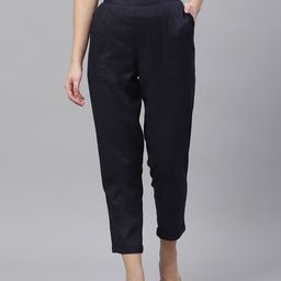 PIROH Women Navy Blue Solid Cropped Trousers-image-17