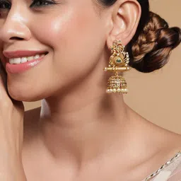 Rubans 22K Gold-Plated Emerald & Cubic Zirconia Studded Temple Jhumkas with Pearl Drops-picture-46