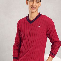 Nautica Striped V-Neck Pure Cotton Pullover-image-23