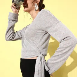 Athena Women Grey Woollen Sweater with Fuzzy Detail-image-34