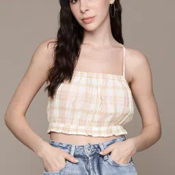 The Roadster Lifestyle Co. Checked Pure Cotton Shoulder Straps Crop Top-image-3