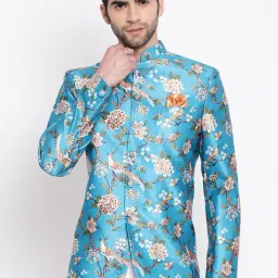 VASTRAMAY Turquoise Blue Straight Fit Floral Print Nehru Jacket-image-59