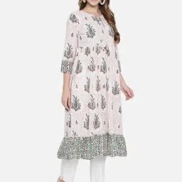 Block Studio Hand Block Print White Floral Fit and Flare Fibre Cotton Kurta Dress with Lace work-picture-0