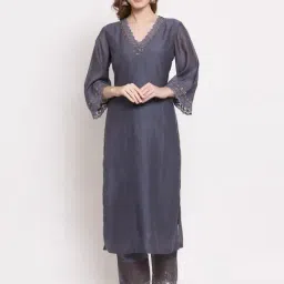 DART STUDIO Grey Embroidered Straight Kurta-10