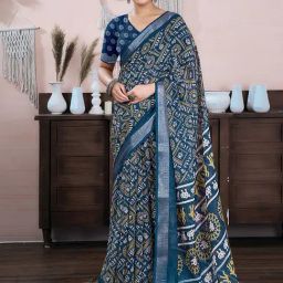 Satrani Blue Cotton Linen Printed Saree With Unstitched Blouse-picture-6