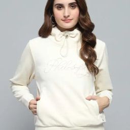 Monte Carlo Women's White Self Design Mock Neck Full Sleeve Sweatshirt-image-17