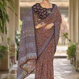 Satrani Brown Pure Cotton Printed Saree With Unstitched Blouse-picture-32