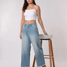 IZEL Women Wide Leg Mildly Distressed Heavy Fade Jeans-image-58