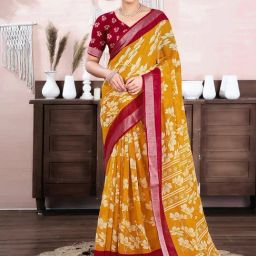 Satrani Yellow Cotton Linen Floral Saree With Unstitched Blouse-image-4