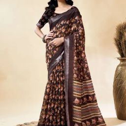 Satrani Brown Cotton Linen Floral Saree With Unstitched Blouse-picture-26