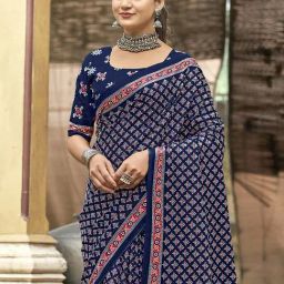 Satrani Navy Blue Pure Cotton Printed Saree With Unstitched Blouse image 2