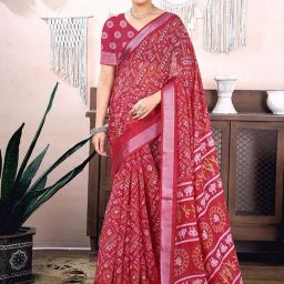 Satrani Pink Cotton Linen Printed Saree With Unstitched Blouse-image-88