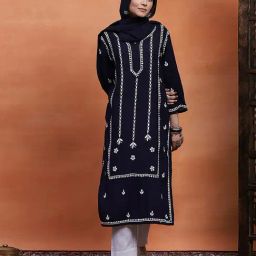 House Of Chikankari Navy Blue Rayon Straight Fit Chikankari Long Kurta-image-27