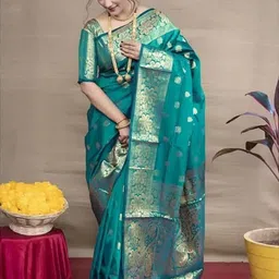 Lookmark Ethnic Motifs Woven Design Zari Banarasi Saree with Blouse Piece-image-26