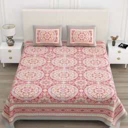 Jinaya's White & Pink Ethnic Motifs 210 TC Pure Cotton King Bedsheet Set 2.28 m x 2.74 m-image-83