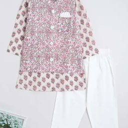 The Magic Wand Kids Pink & Off-White Cotton Floral Print Full Sleeves Kurta Set-image-97