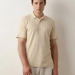 SELECTED HOMME Beige Slim Fit Self Design Cotton Polo T-Shirt-image-43