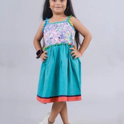 Kiddopanti Kids Pink & Aqua Blue Floral Print Dress-picture-15