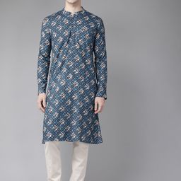 See Designs Men Blue & Grey Floral Block Print Cotton Sustainable Handloom Kurta-36