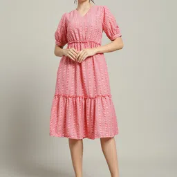 REBERRY Women Geometric Print Puff Sleeve Fit & Flare Midi Dress-image-11