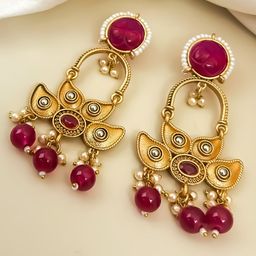 Zeviel Gold-Plated Artificial Stones Studded & Beaded Contemporary Antique Drop Earrings-56