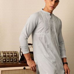 House of Pataudi Embroidered Band Collar Thread Work Pure Cotton Jashn Kurta with Trousers-picture-33