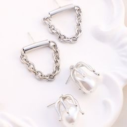 SOHI Set Of 2 Silver-Plated Contemporary Chain Bud Drop Earrings-30