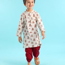 Babyhug 100% Cotton Full Sleeves Flex Elephant Printed Kurta With Dhoti Set - Beige-picture-10