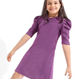 Hola Bonita Textured Fabric Puff Sleeves Party Dress - Lilac-image-14