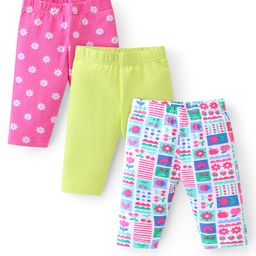 Babyhug Cotton Lycra Knit Three Fourth Legging Solid Color & Floral Print Pack of 3 - Green Pink & Blue-image-86