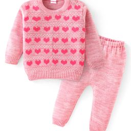 Babyhug Knit Full Sleeves Sweater Set with Heart Design -Pink-image-58