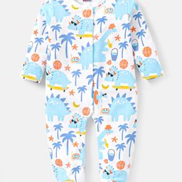 Babyhug Cotton Knit Full Sleeves Sleepsuit With Dinosaur Print  - White-image-99