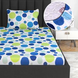 Divine Casa 144 TC Polka Print Blue Skin Friendly 100% Cotton Single Bed Elastic Fitted Bedsheet-11