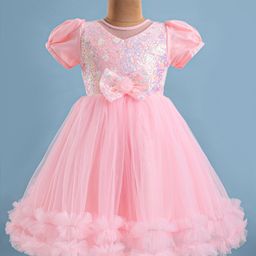 Bluebell Net Knit Half Puffed Sleeves Party Frock with Sequin Detailing & Bow Applique - Pink-image-94
